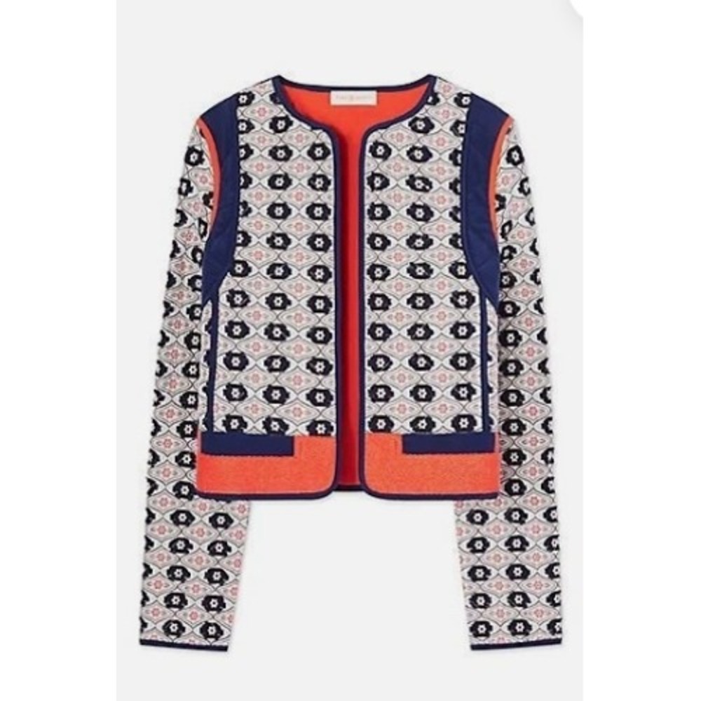 Tory Burch Rainford Jacket Floral Quilted Daisy Jacquard Navy Red Size 2